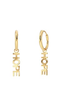 Zlatne naušnice u obliku obruča s privjeskom na kojem je izrezana riječ "NADA". Dizajn ima glatku završnu obradu i polirani sjaj.