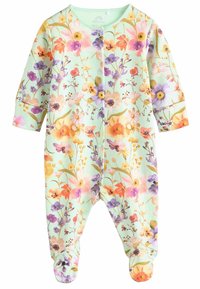 Mėtinės spalvos gėlių kūdikio kombinezonas, puošnius rožinėmis, violetinėmis ir geltonomis gėlėmis. Ilgos rankovės, uždangos dizainas su mygtuko uždarymu priekyje.