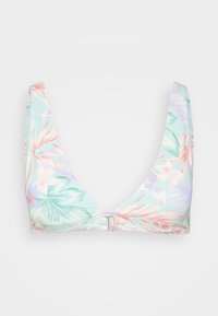 Blomstrete bikinitopp med mintgrønn bakgrunn, store tropiske bladmønstre i rosa og lilla, med V-halsdesign og klaffelukking.