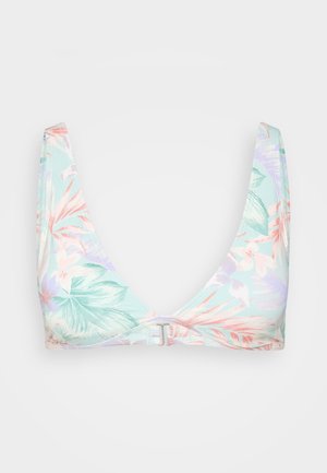 Virágmintás bikini felső, menta zöld háttérrel, nagy trópusi levélmintákkal rózsaszín és lila színekben, V-nyakkivágással és kapcsos záródással.