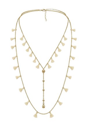 Collier superposé délicat ton or avec de petites pampilles crème le long des chaînes et une chute verticale ornée de perles dorées et d'un pendentif en forme de goutte.