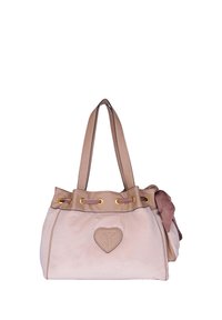 Rosa und beige Kunstwildleder-Handtasche mit doppelten Griffen, goldenen Beschlägen, Zugverschluss und einer dekorativen Schleife an der Seite. Herz-Logo-Detail.