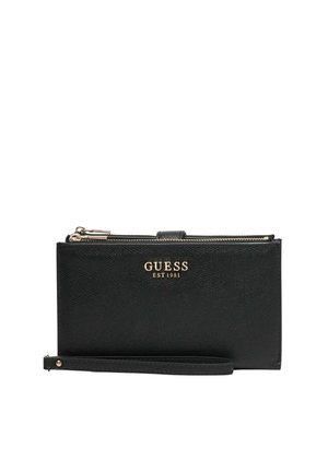 Portefeuille Guess en cuir noir texturé avec logo doré et fermeture zippée, doté d'une bande amovible pour un transport facile.