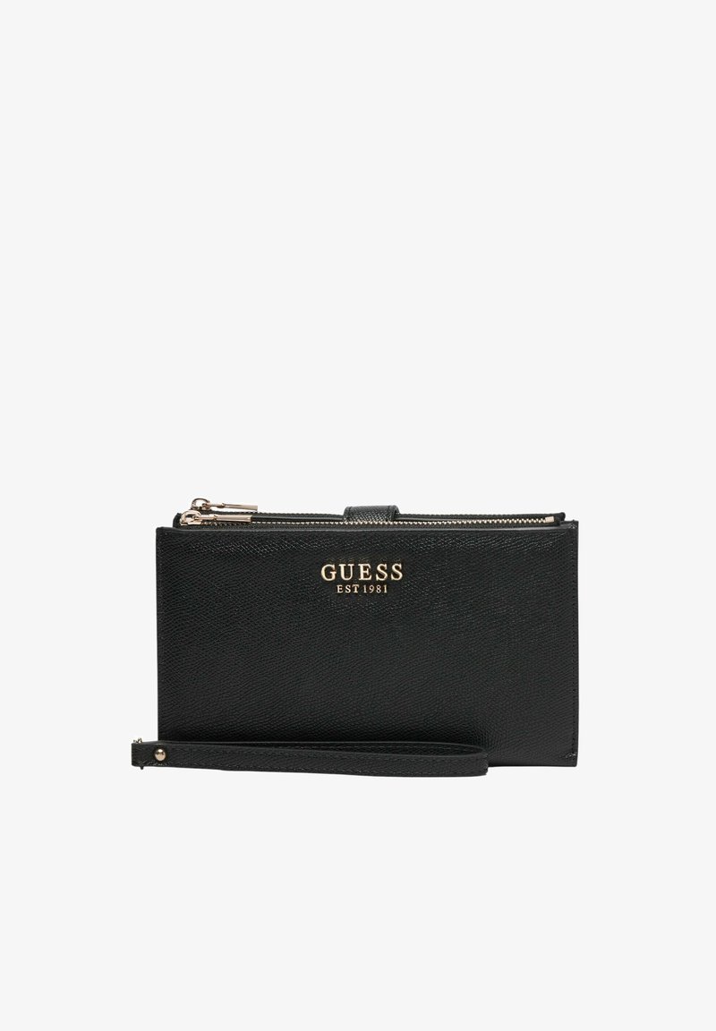 Portefeuille Guess en cuir noir texturé avec logo doré et fermeture zippée, doté d'une bande amovible pour un transport facile.