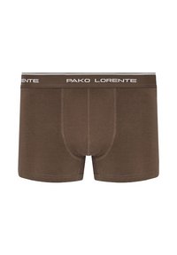 Ciemnobrązowe bawełniane bokserki z białym elastycznym paskiem w talii, na którym widnieje nazwa marki "PAKO LORENTE" wypisana dużymi literami. Standardowy krój z detalami w postaci szwów.