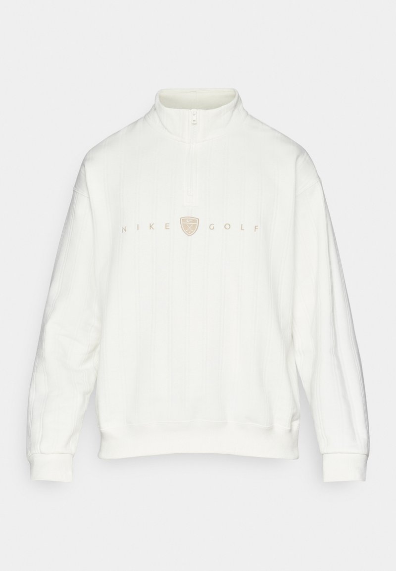 Weißer Nike Golf-Pullover, gerippte Textur, Halb-Reißverschluss-Kragen, mit beigem Logo zentriert auf der Vorderseite, lockere Passform und elastische Bündchen.