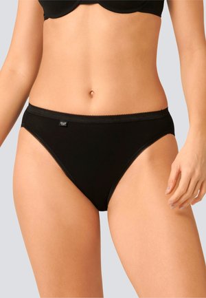 L'intimo bikini in cotone nero presenta una vita bassa, un elastico in vita e pizzo lungo le gambe. Tessuto semplice e morbido.