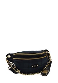 Sac à main en tissu à carreaux noirs et vert foncé, avec des zips dorés, une bandoulière en chaîne et une plaque logo, au design courbé et compact.