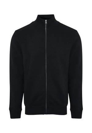 Schwarze Zip-Jacke mit hohem Kragen, aus glattem Stoff. Verfügt über lange Ärmel und elastische Bündchen, ergänzt durch Seitentaschen.