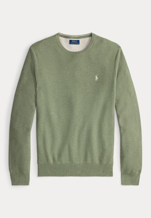 Pull à col rond vert clair avec une texture en maille fine, manches longues, poignets et ourlet côtelés, et petit logo brodé Polo Ralph Lauren blanc sur la poitrine.