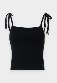 Svart ribbet crop top med justerbare snører. Glatt tekstur, tettsittende design og subtil logodetalj nederst til høyre.