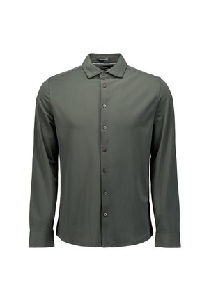 Donkergroene longsleeve blouse met kraag, gemaakt van een gladde stof en voorzien van zes donkere knopen. Heeft een standaard pasvorm en een afgeronde zoom.