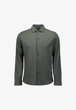 Donkergroene longsleeve blouse met kraag, gemaakt van een gladde stof en voorzien van zes donkere knopen. Heeft een standaard pasvorm en een afgeronde zoom.
