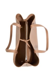 Tan leather tote bag with open top, two handles, and interior zipper pocket. Smooth texture and minimalistic design.