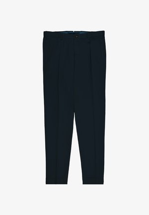 Donkerblauwe nette broek met knoop- en ritssluiting, voorzien van plooien en riemlussen, plat liggend op een witte achtergrond.