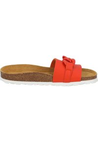 Infradito rossi con scarpone in sughero e suola in gomma bianca. Presenta una fascia sintetica larga con un dettaglio di nodo decorativo.