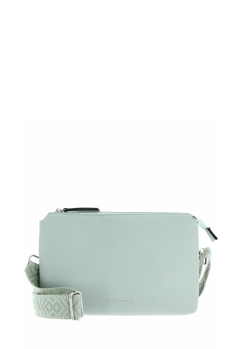 Sac à bandoulière en cuir vert menthe avec finition texturée, fermeture éclair, bandoulière réglable à motif et branding subtil à l'avant.