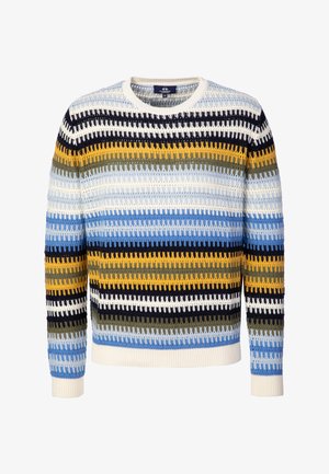 Maglione a maniche lunghe lavorato a maglia con righe orizzontali in blu, bianco, nero, verde e giallo, con scollo rotondo e polsini e orlo a coste.