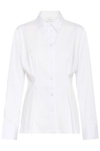 White long-sleeve button-up blouse with pointed collar, fitted waist, and visible brand label "Gestuz" inside the collar.