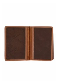 Portefeuille en cuir marron ouvert à plat, montrant deux panneaux intérieurs doublés de tissu foncé avec des coutures et une nervure centrale en cuir.