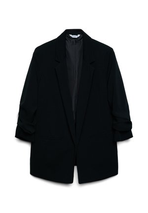 Blazer nero in tessuto liscio, caratterizzato da un colletto a revers, maniche risvoltabili e due tasche frontali. Interno foderato.