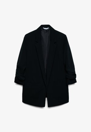 Czarna marynarka z gładkiego materiału, z wyciętym kołnierzem, podwiniętymi rękawami i dwoma przednimi kieszeniami. Podszewka wewnętrzna.