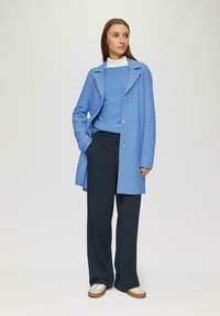 Cappotto in lana azzurro chiaro con grandi bottoni, indossato sopra un maglione azzurro coordinato, abbinato a pantaloni scuri e sneaker beige con dettagli bianchi.
