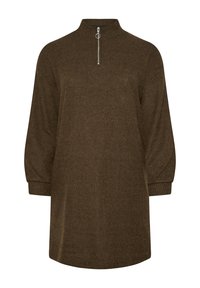 Maglione marrone a costine con colletto alto, chiusura a mezza zip e vestibilità rilassata. Presenta maniche lunghe con polsini aderenti e una texture morbida.