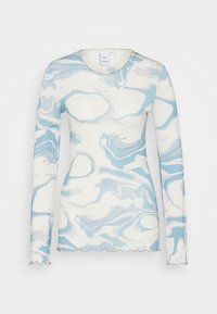 Maglietta a maniche lunghe con un motivo marmorizzato blu e bianco, con scollo rotondo e bordi scallopati. Realizzata in tessuto liscio ed elasticizzato.