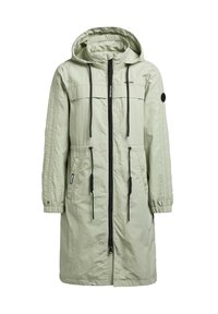 Manteau à capuche vert clair jusqu’aux genoux, avec fermeture éclair à l’avant, cordons de taille réglables, poignets à boutons et poches latérales.