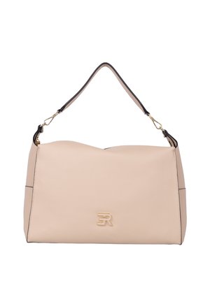Borsa in pelle beige con texture liscia, forma strutturata, dettagli neri a contrasto e logo dorato sul davanti.