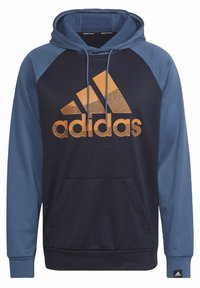 Navy and blue Adidas hoodie with front pocket, drawstring hood, and large orange Adidas logo on the chest.
