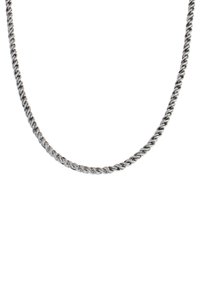Collana in metallo argentato con un design a spirale. Texture liscia con anelli arrotondati e uniformi lungo tutta la lunghezza.