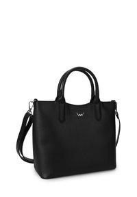 Black synthetic handbag with two top handles, a detachable shoulder strap, and a small logo detail on the front. Smooth texture.