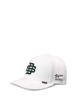 White baseball cap with green embroidered overlapping letters "DS" on front and "Djinns" text with slogan on side.