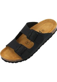Sandalo nero a due cinturini con fibbie regolabili, soletta in sughero e suola in gomma. Materiale superiore liscio e texture interna morbida simile alla pelle scamosciata.