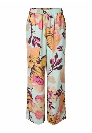 Laiad vöödiga lahtised püksid, kergelt sinisel taustal, suurte abstraktsete lillemotiividega roosa, kollase ja lilla toonides.