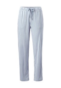 Blauw-witte gestreepte pyjamabroek van zachte stof, met een elastische tailleband en een trekkoord, en taps toelopende benen.
