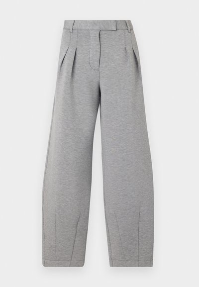 Gray, wide-leg trousers made of soft fabric, featuring pleats at the front, a flat waistband, and straight seams along the legs.