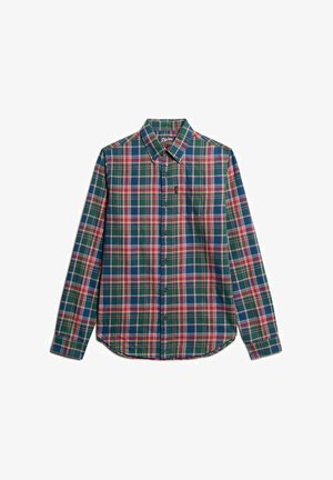 Grøn, rød og blå plaid skjorte med lange ærmer, krave, knappelukning på forsiden og brystlomme. Lavet af bomuldsstof med en glat tekstur.