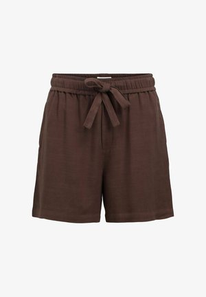 Pantaloni scurți casual maro cu talie elastică și șnur legat în față, realizați din material moale.