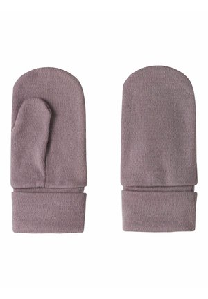 Paire de moufles en tricot mauve, pliées, avec sections séparées pour le pouce, présentées à plat sur un fond blanc.