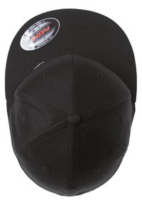 Black baseball cap with a structured front, flat visor, and smooth fabric. Features embroidered logo and ventilation eyelets on sides.