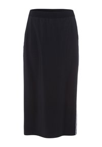 Jupe midi noire avec une taille ajustée, texture lisse et deux rayures blanches sur les côtés. Silhouette simple et droite s'étendant jusqu'au milieu du mollet.