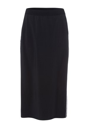 Zwarte midi-rok met een fitted tailleband, een gladde textuur en twee witte zijkanten. Eenvoudige, rechte silhouet die tot halverwege de kuit reikt.