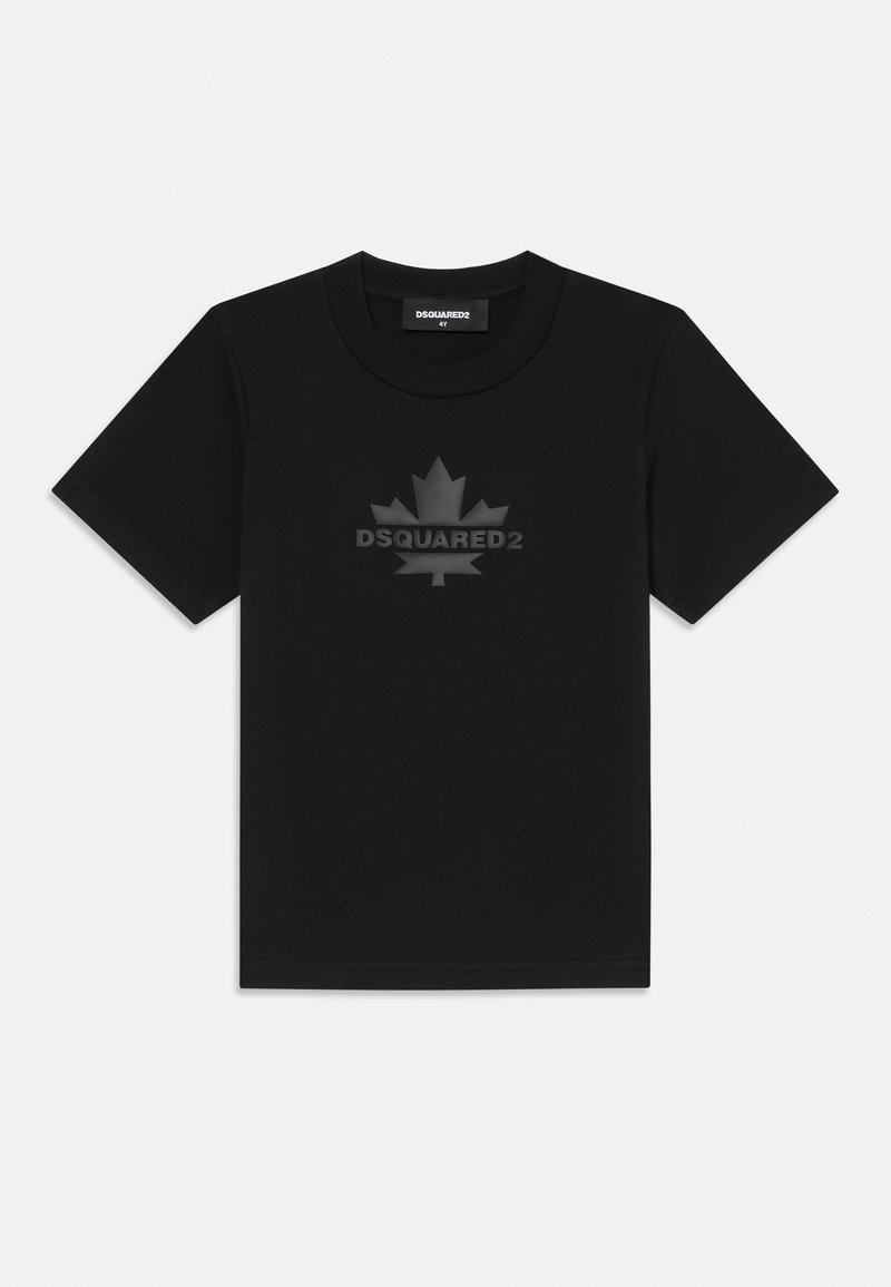 Black short-sleeve T-shirt made of cotton. Features a matte black maple leaf and “DSQUARED2” logo printed at the chest. Round neckline.