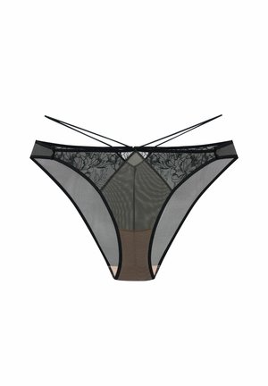 Schwarzer transparenter Netzstring mit floralen Spitzenakzenten, kontrastierendem einfarbigem Unterstoff und dünnen verstellbaren Trägern auf der Rückseite.