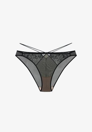 Black sheer mesh thong with floral lace details, contrasting solid fabric underlay, and thin adjustable straps at the back.