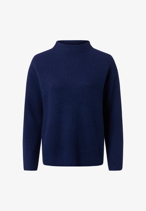 Dunkelblaues geripptes Strickpullover mit hohem Kragen, langen Ärmeln und kastiger Form, der aus einem strukturierten Stoff für Wärme gefertigt ist.