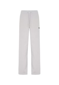 Hellgraue Jogginghose mit verstellbarem Bund, geradem Schnitt, weichem Material und einem kleinen schwarzen Logo-Detail an der Seite.